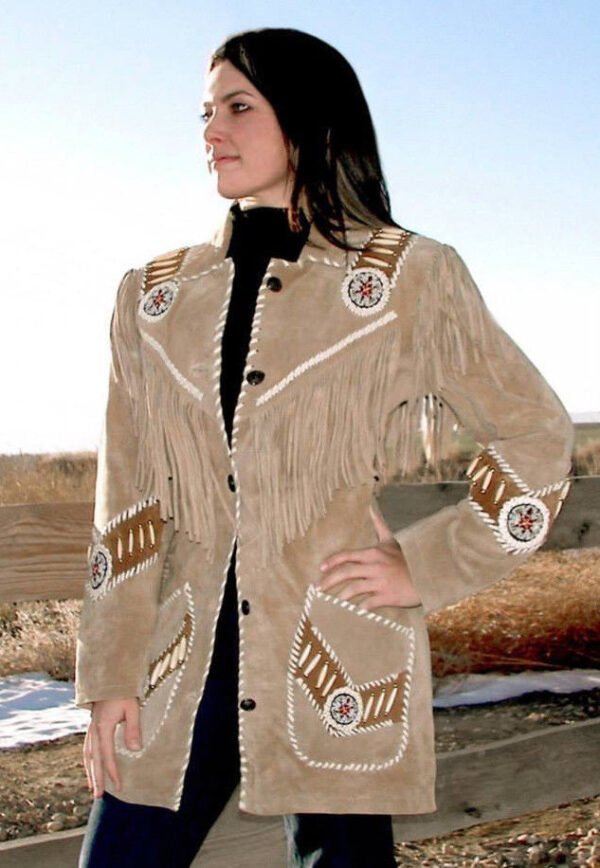 107-Womens Western wear Beige Genuien Suede Leather Jacket Fringes beads bones