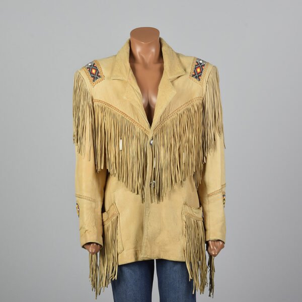 Women Suede Leather Jacket Western Cow lady Fringe Bead & Bones