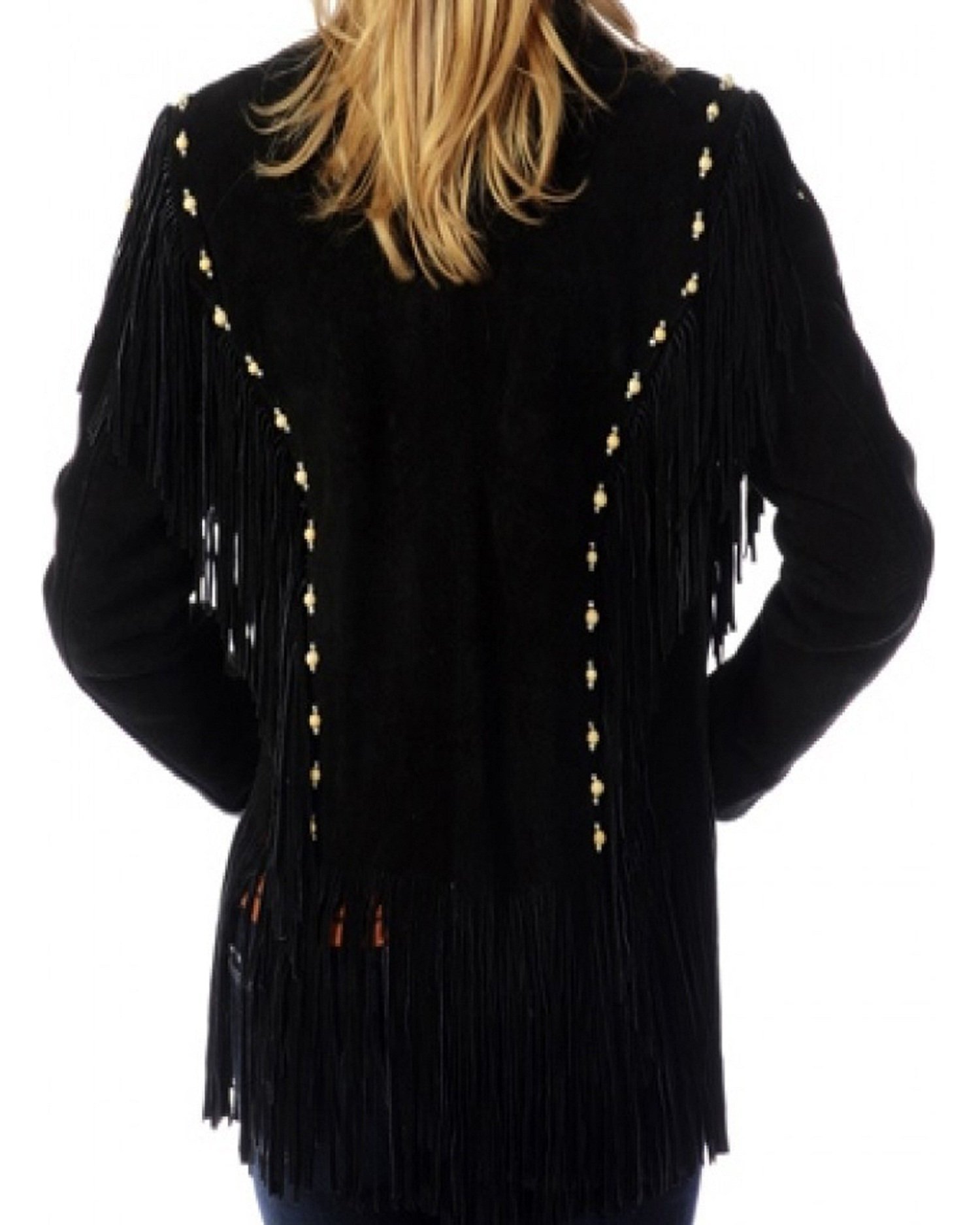 Women Suede Leather Jacket Western Cow lady Fringe Bead & Bones