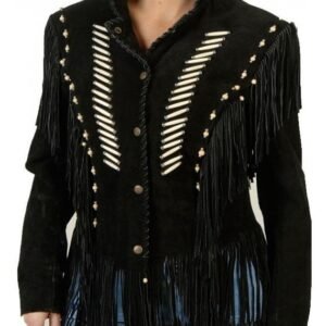 Women Suede Leather Jacket Western Cow lady Fringe Bead & Bones