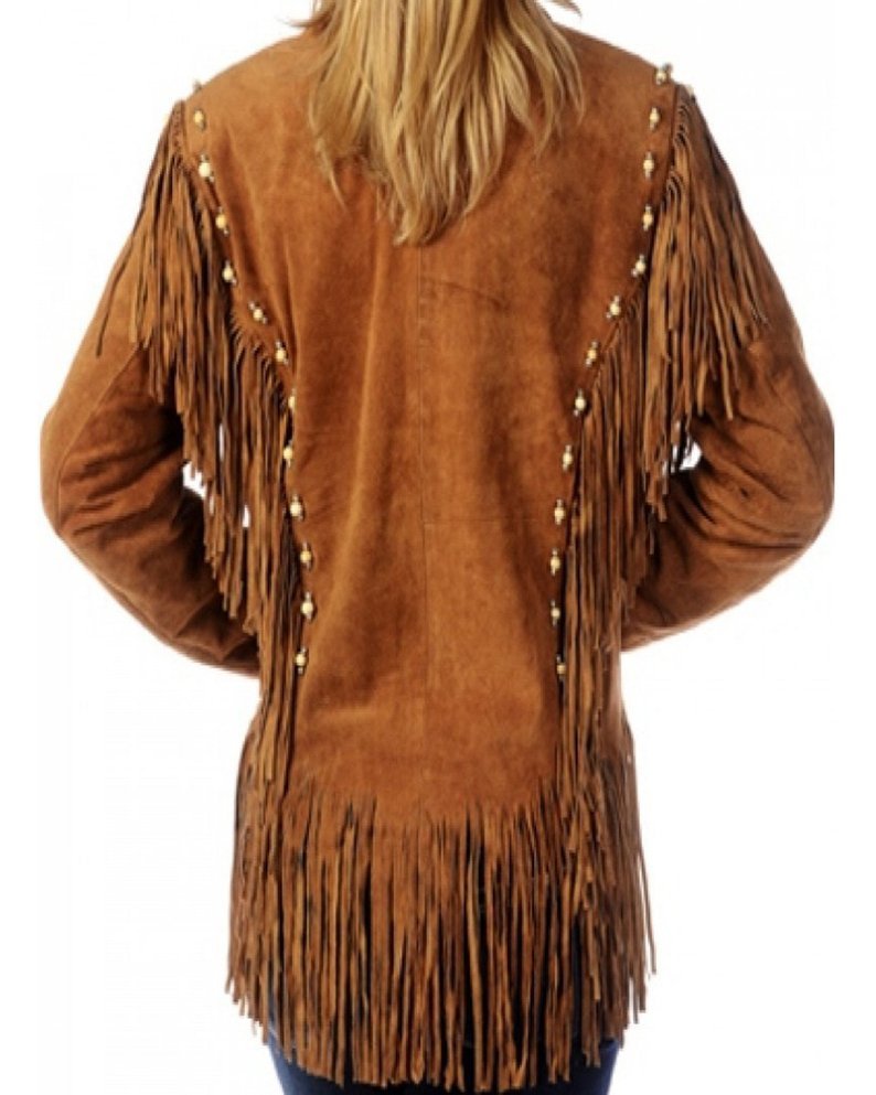 Women Suede Leather Jacket Western Cow lady Fringe Bead & Bones