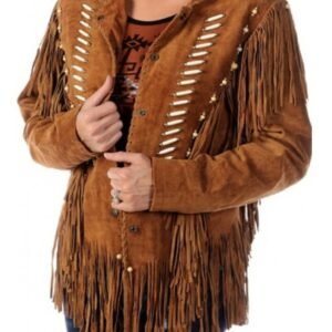 Women Suede Leather Jacket Western Cow lady Fringe Bead & Bones