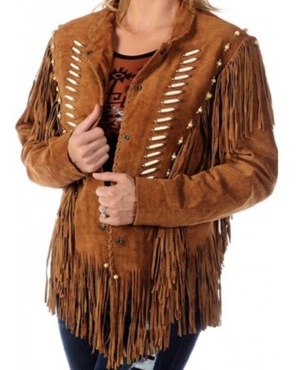 Women Suede Leather Jacket Western Cow lady Fringe Bead & Bones