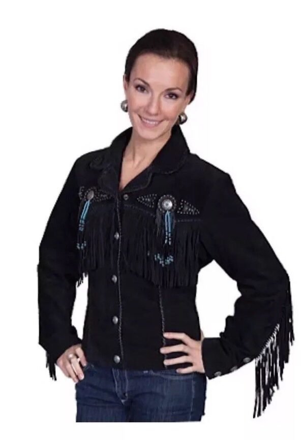 Women Suede Leather Jacket Western Cow lady Fringe Bead & Bones