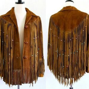 Women Suede Leather Jacket Western Cow lady Fringe Bead & Bones