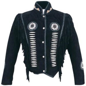 Women Western Leather Jacket Wear Fringes Beads Native American Cowlady 1980's