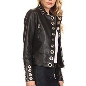 52-Womens Black Leather Studded Eyelet Moto Biker Jacket Made to order
