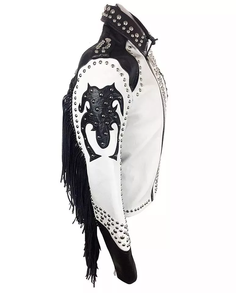 58-Men Punk Rock Men's Silver Studded Fringed Black White Biker Leather Jacket