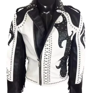 58-Men Punk Rock Men's Silver Studded Fringed Black White Biker Leather Jacket