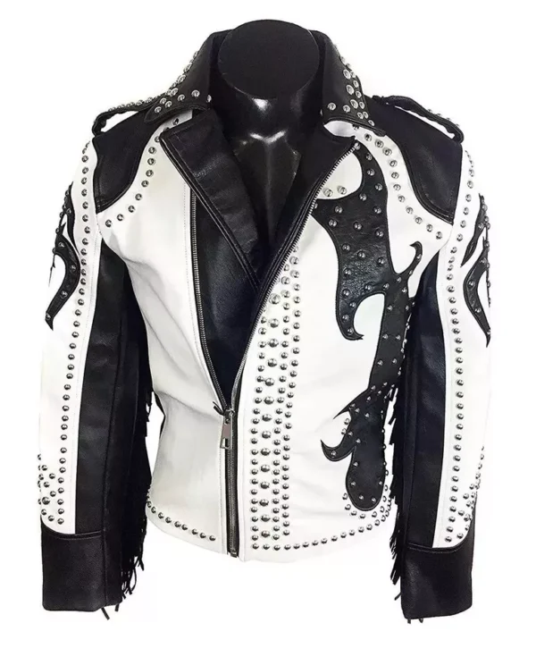 58-Men Punk Rock Men's Silver Studded Fringed Black White Biker Leather Jacket