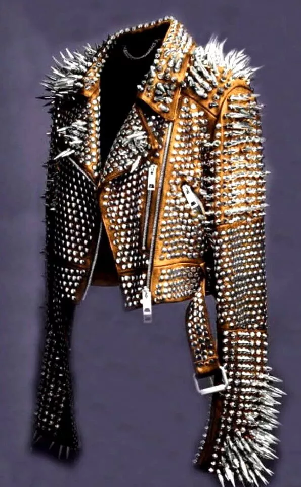 60-Mens Punk Rock Full Long Spiked Studded Brando Rusty Leather Jacket men wear
