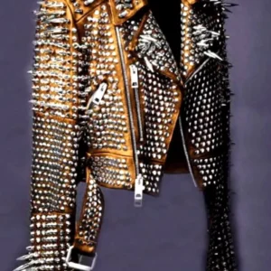 60-Mens Punk Rock Full Long Spiked Studded Brando Rusty Leather Jacket men wear