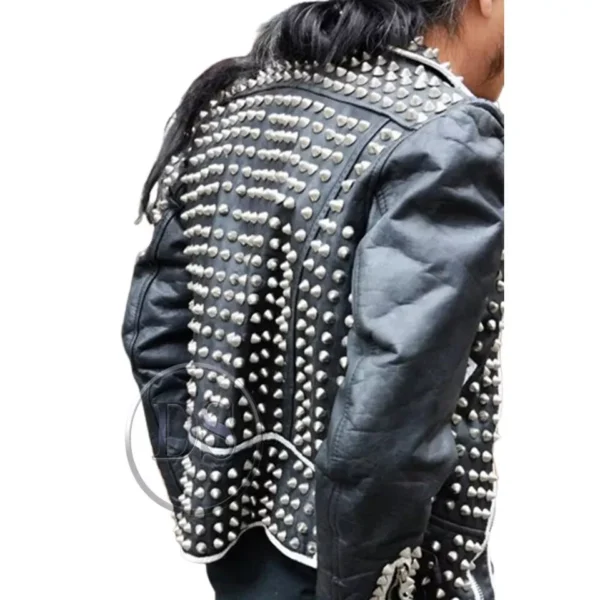 63-Men's Rock Punk Black Leather Jacket with Long Spikes and Studded Biker Jacket