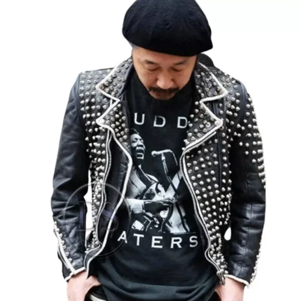 63-Men's Rock Punk Black Leather Jacket with Long Spikes and Studded Biker Jacket