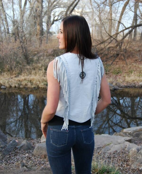 64-Western Wear Women White Lambskin Leather Vest with beads bones and Fringes
