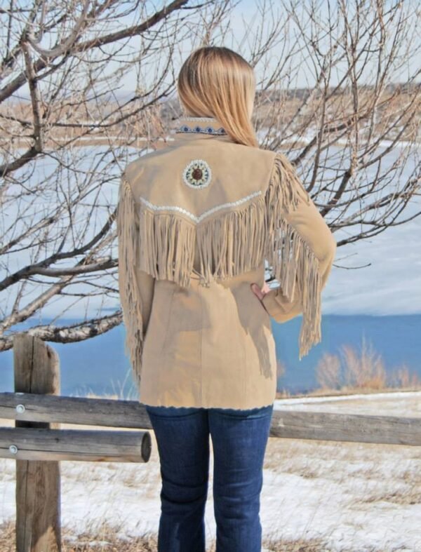68-Womens Western wear Beige Suede Leather Jacket Fringes beads bones All Size
