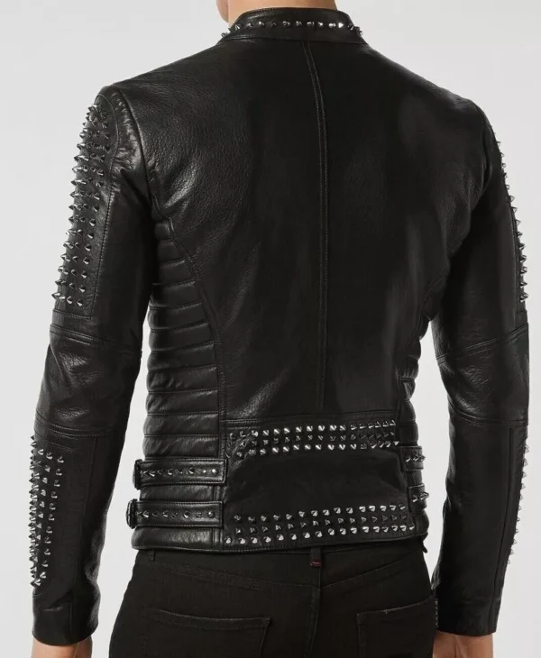 67-Mens Brando Studded Spikes Punk Rock Motorcycle Multicolor Leather Jacket