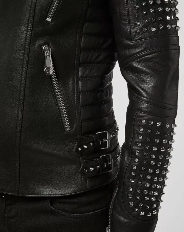 67-Mens Brando Studded Spikes Punk Rock Motorcycle Multicolor Leather Jacket