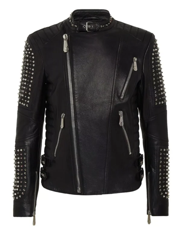 69-Men's Genuine Cow Leather Studded Black Classic Biker Rock Style Jacket