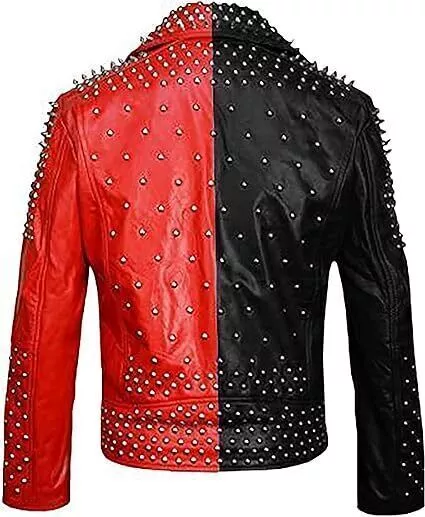 71-Mens Two tone Brando Studded Punk Rock Spikes Motorcycle Biker Leather jacket
