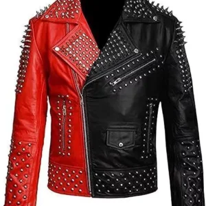 71-Mens Two tone Brando Studded Punk Rock Spikes Motorcycle Biker Leather jacket