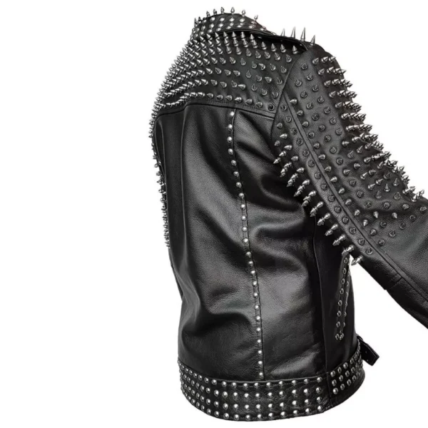 73-Mens Punk Style Jacket Genuine Black Leather Rock Star Jacket With Spike Studded