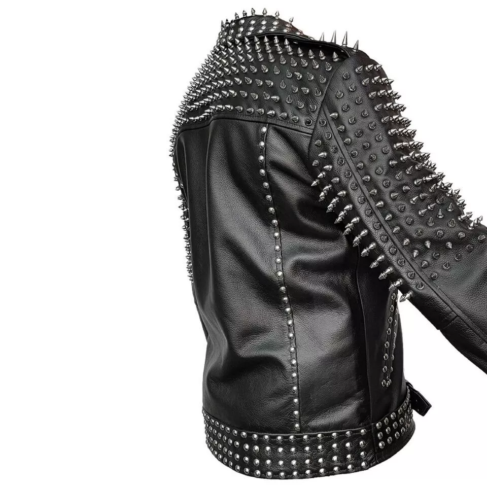 73-Mens Punk Style Jacket Genuine Black Leather Rock Star Jacket With Spike Studded