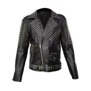 73-Mens Punk Style Jacket Genuine Black Leather Rock Star Jacket With Spike Studded