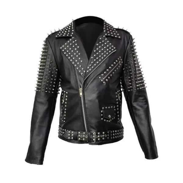 73-Mens Punk Style Jacket Genuine Black Leather Rock Star Jacket With Spike Studded
