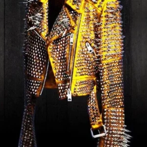 74-1-New Unisex Punk Rock Full Long Spiked Studded Brand Yellow Leather Jacket Wo Men