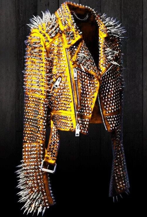74-1-New Unisex Punk Rock Full Long Spiked Studded Brand Yellow Leather Jacket Wo Men
