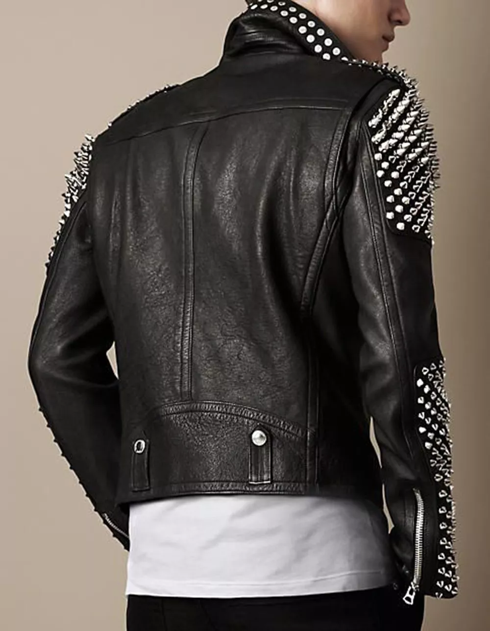 78-New Men's Punk Black Brando Silver Studded Spiked Motorbike Biker Leather Jacket