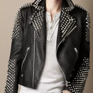 78-New Men's Punk Black Brando Silver Studded Spiked Motorbike Biker Leather Jacket