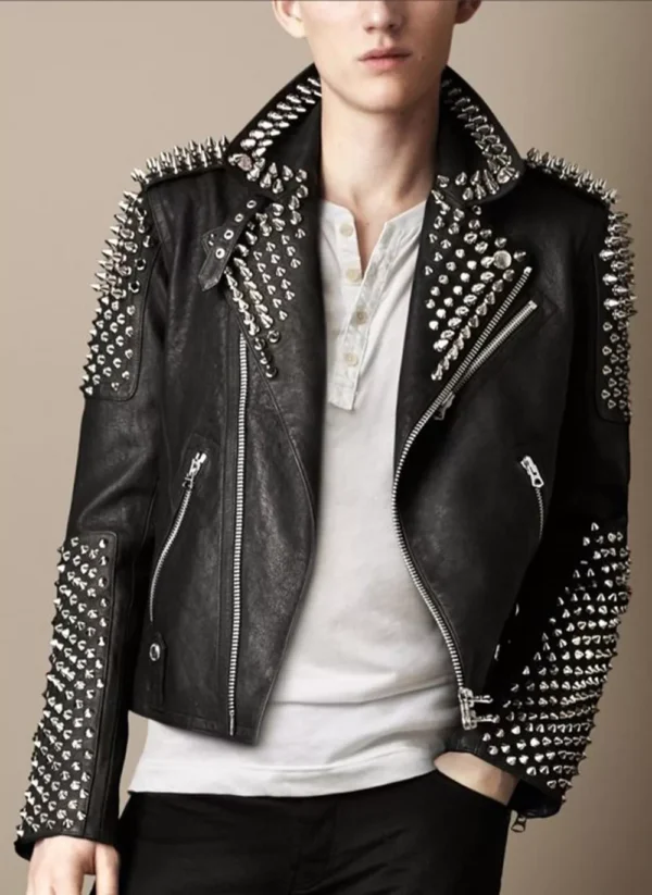 78-New Men's Punk Black Brando Silver Studded Spiked Motorbike Biker Leather Jacket