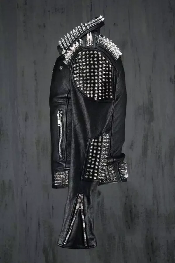 86-Men Black Punk Silver Long Spiked Studded Leather Jacket, Men studded jackets