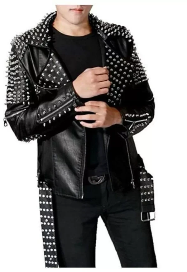 87-Handmade Mens Punk Style Black Sliver Studded Brando Biker Leather Jacket