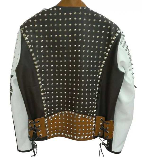 89-Men's Silver Studded Leather Jacket Men Black White Brown biker Leather Jacket