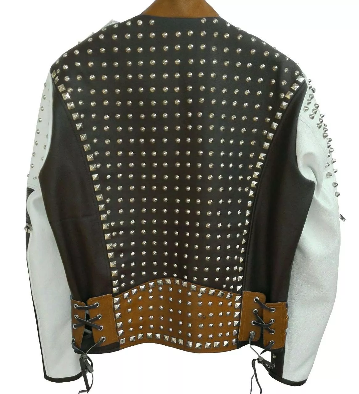 89-Men's Silver Studded Leather Jacket Men Black White Brown biker Leather Jacket