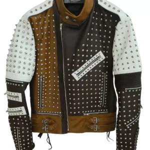 89-Men's Silver Studded Leather Jacket Men Black White Brown biker Leather Jacket