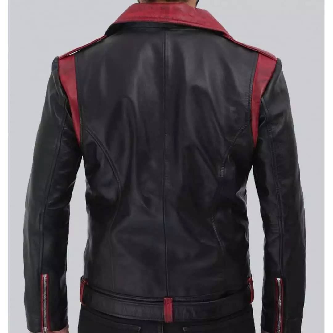 94-Men two tone belted biker leather jacket, Men Black and red fashion jacket