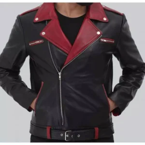 94-Men two tone belted biker leather jacket, Men Black and red fashion jacket
