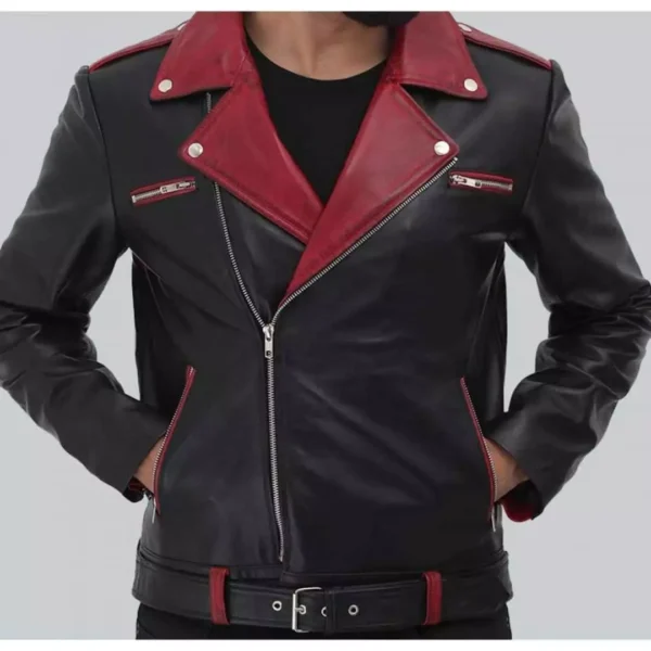 94-Men two tone belted biker leather jacket, Men Black and red fashion jacket