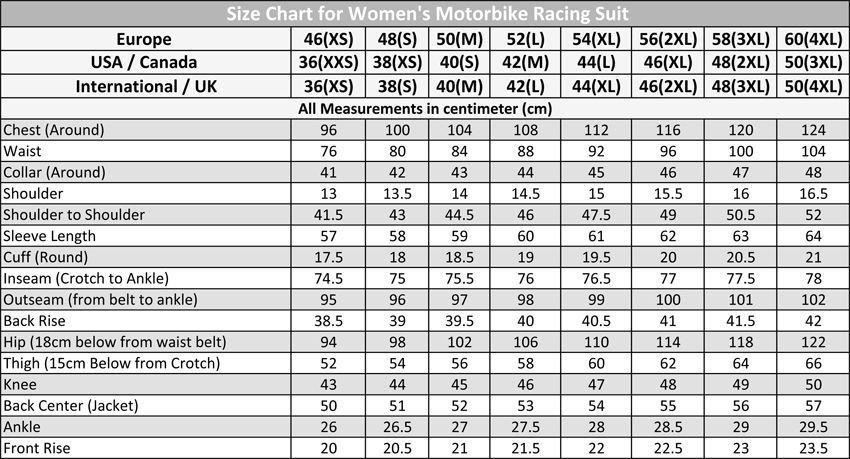 Women Motorbike Suit Size Chart