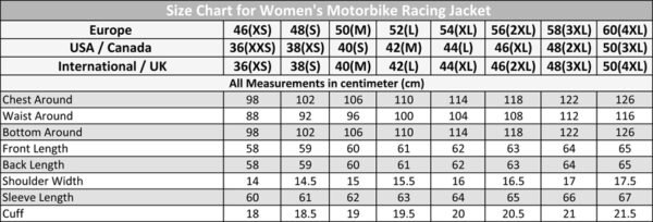 Women Motorbike Jacket Size Chart