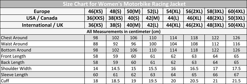 Women Motorbike Jacket Size Chart