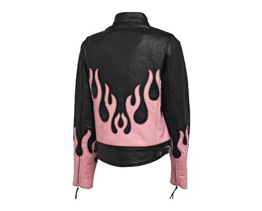 women black leather jacket with pink flam white Biker jacket, womens leather jackets, p111.