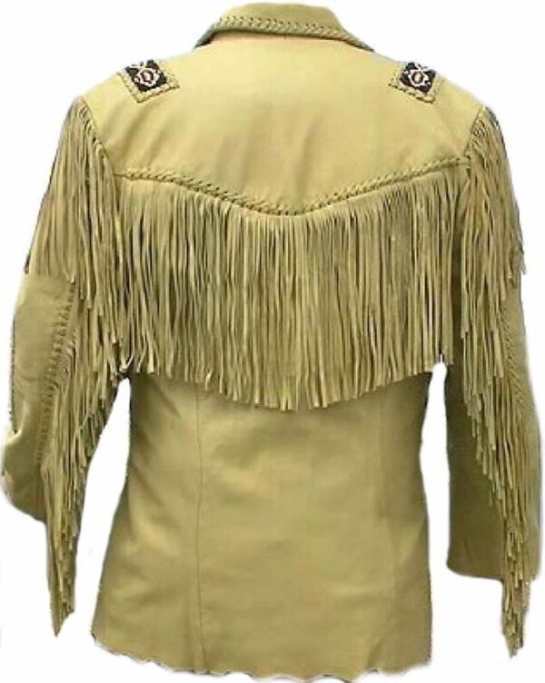 Men Suede Leather Jacket Western Cow lady Fringe Bead & Bones