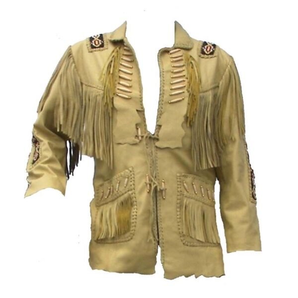 Men Suede Leather Jacket Western Cow lady Fringe Bead & Bones