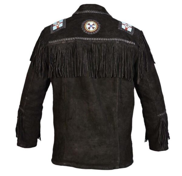 Men Suede Leather Jacket Western Cow lady Fringe Bead & Bones