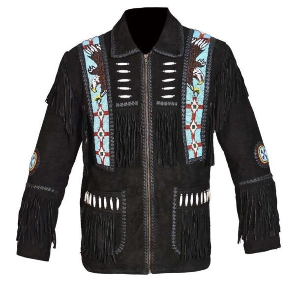 Men Suede Leather Jacket Western Cow lady Fringe Bead & Bones